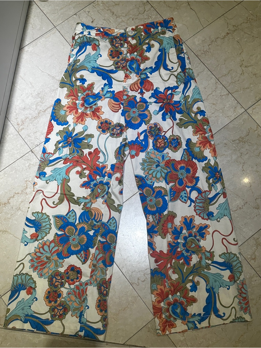Zara Floral Wide-Leg Pants in White, Blue, Red and Green